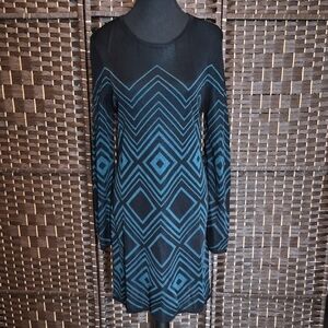 Trina Turk Black and Teal Geometric Long Sleeve Dress
